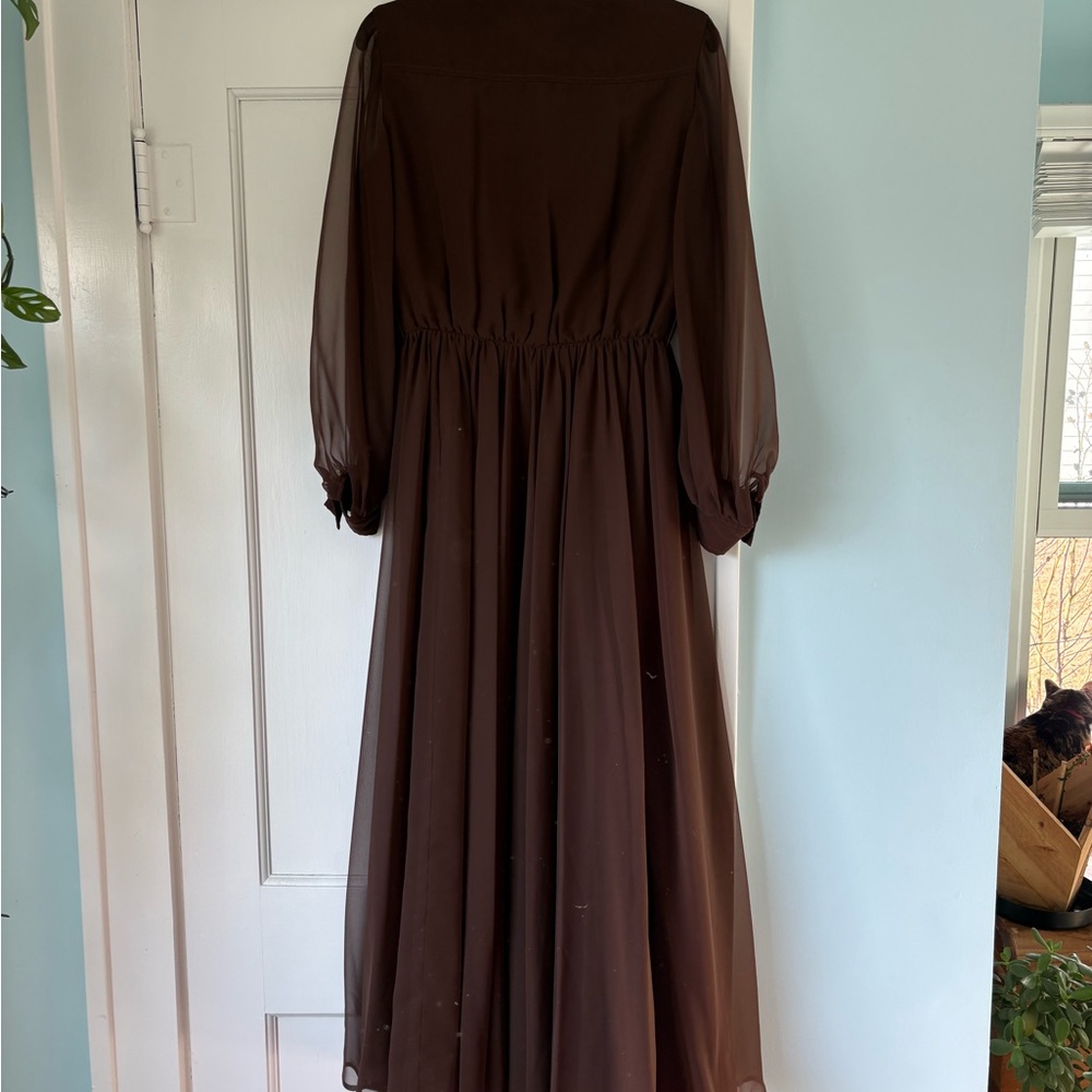 VTG 1960s Jack Bryan Chocolate Brown Pleated Chiffon Lantern Sleeve Midi Dress - Picture 8 of 9